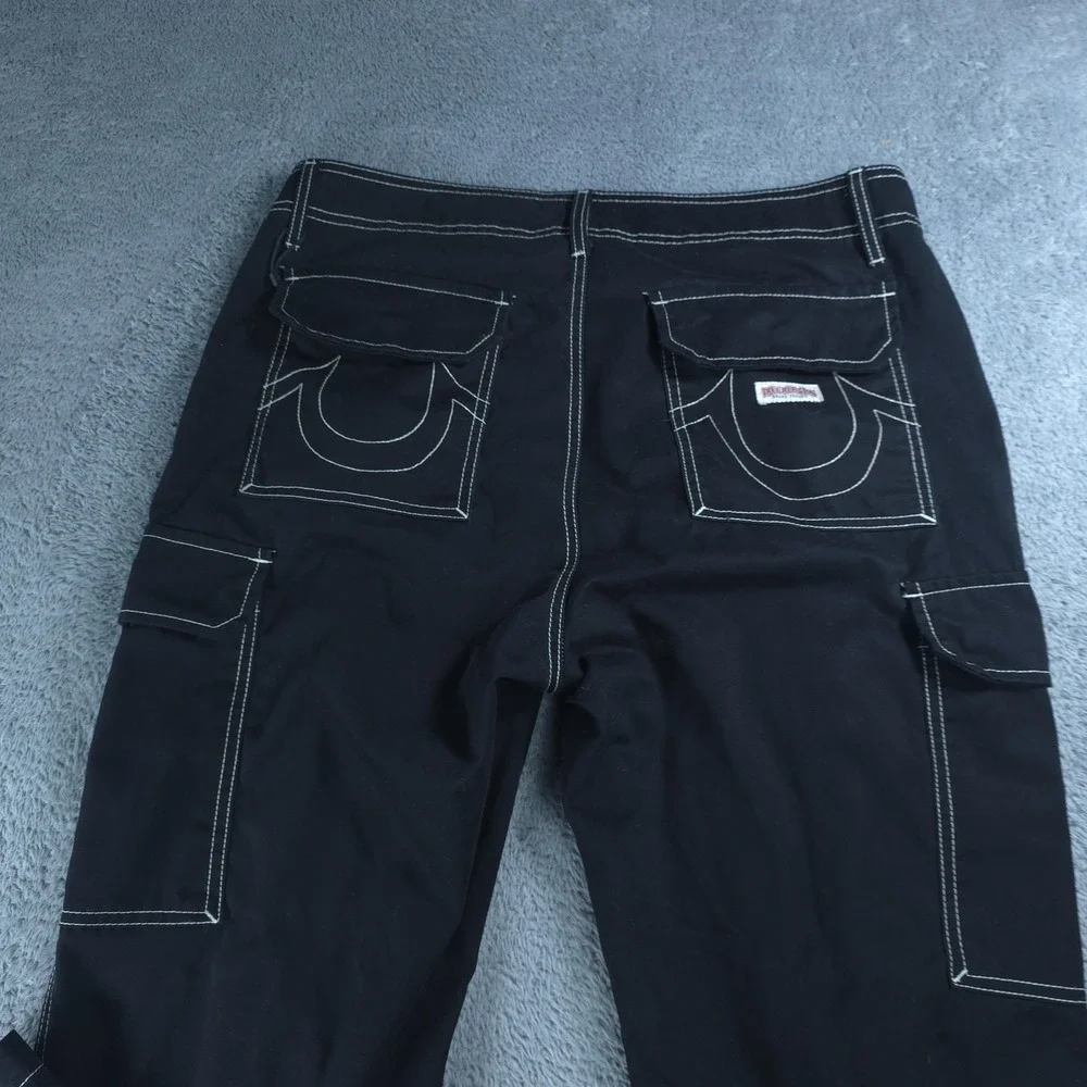 True Religion Cargo Pants Mens 34 Black Contrast Stitch Relaxed Fit Canvas